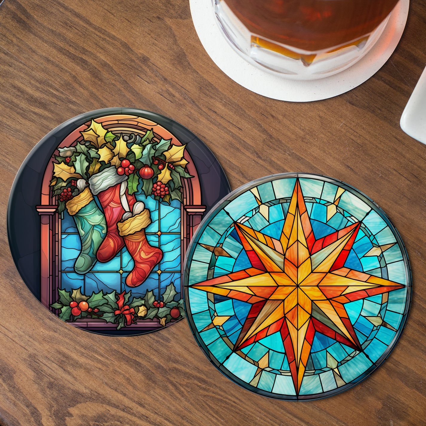 Stained Glass Christmas Coasters - 10 Designs - cmzart