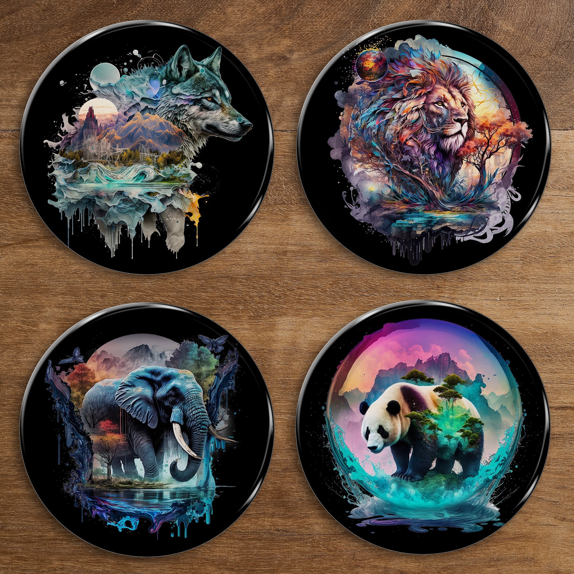 Big Animal Glass Coasters - Vibrant Surrealism Art - cmzart