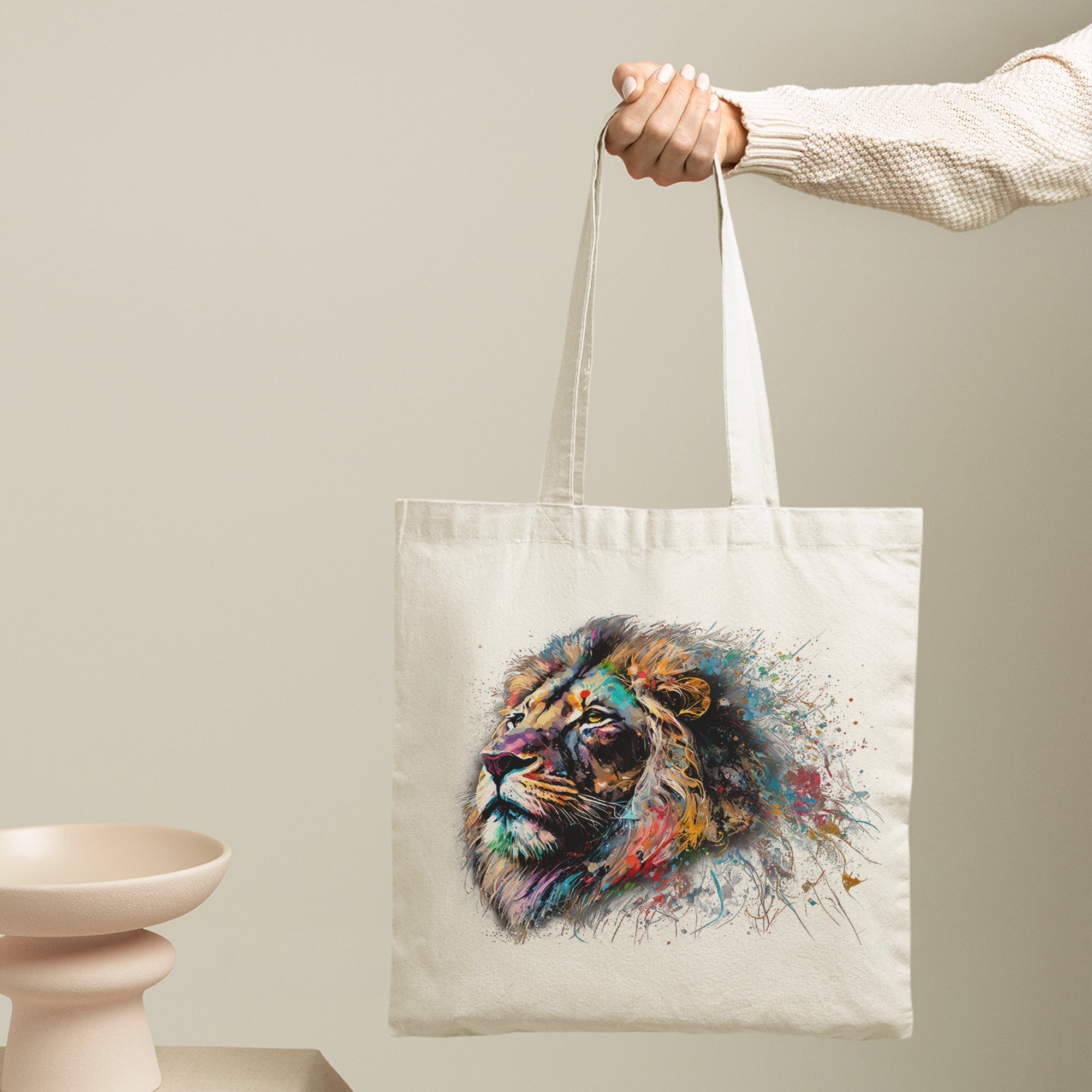 Lion Tote Bag - Colourful Watercolour Painting - cmzart